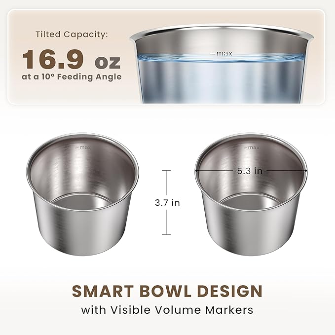 4.7" Tall Elevated Dog Bowls - Ergonomic Stainless Steel Dog Bowls with 10° Tilt in Acacia Wood Stand for Puppies, Small, and Short-Legged Breed