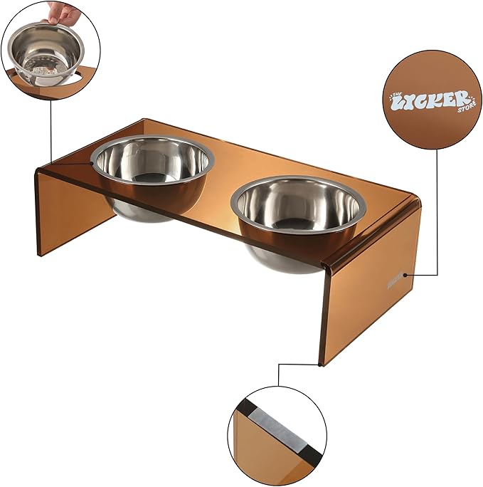 The LICKER Store DBL2001D Keaton 7.5" Medium/Large Modern Acrylic Rectangular Elevated Pet Feeder with 54oz 2-Stainless Steel Bowls, Amber/Chrome