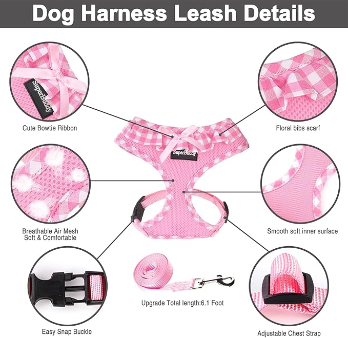 SuperBuddy Upgraded Soft Mesh Dog Harness, Super Breathable Lightweight Pet Harnesses for Puppy Dogs Outdoor Walking, Pink Dog Harness and Dog Leash Set Packing -Large