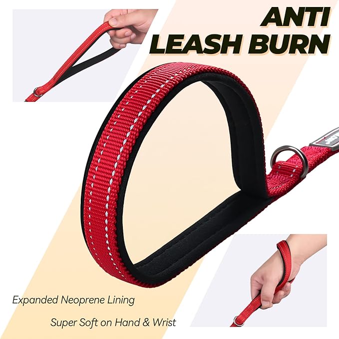 VIVAGLORY Twingrip Dog Leash, Double Handle Dog Leash for Training & Walking with Traffic Handle & 2 Loop, Traffic Control Reflective Heavy Duty for Puppy Pet, 4ft x 1/2in, Red