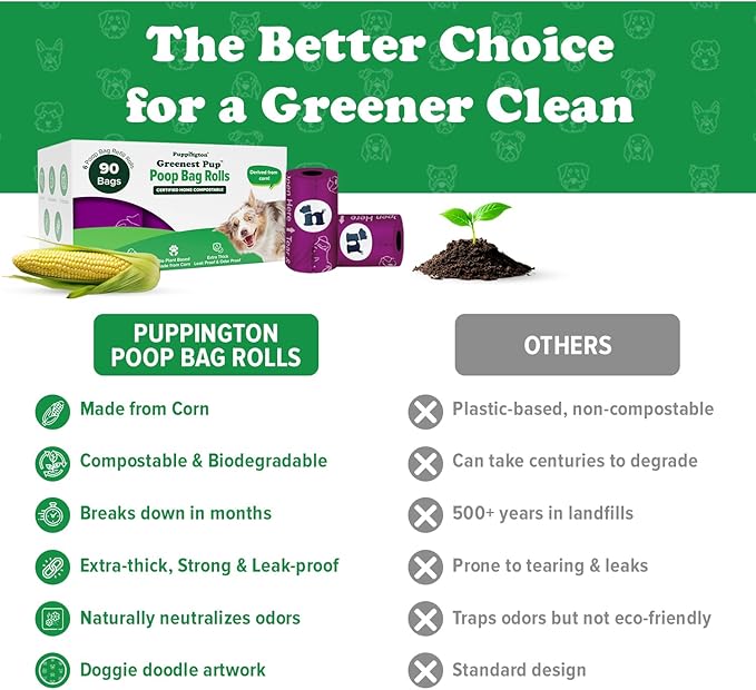 Puppington Certified Home Compostable Poop Bags - ASTM D6400 Compliant - 90 Extra Thick Bags - Plant Based - Pairs with Puppington 3-in-1 Bag & Fits all Standard Poop Bag Dispensers (Plum Wine)