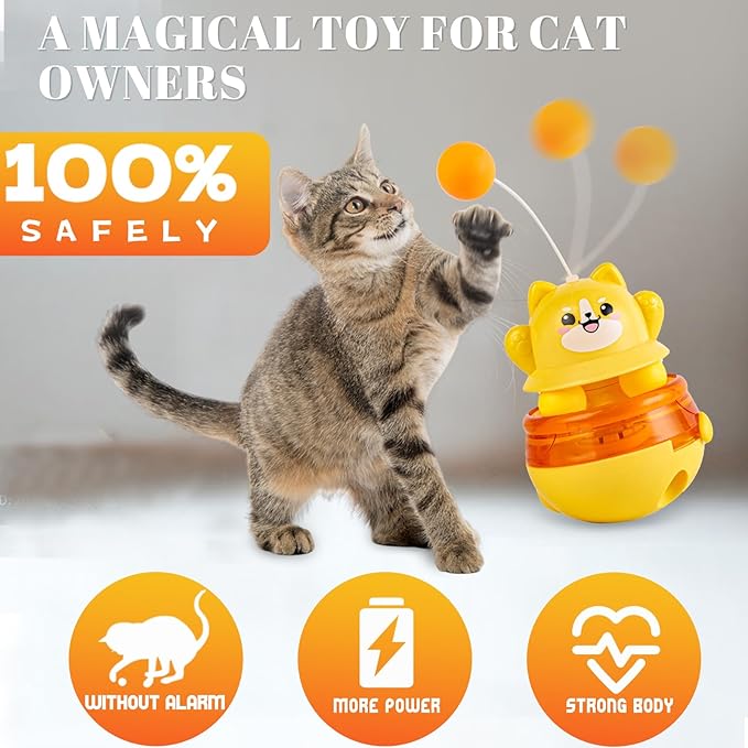 Interactive Cat Wobble Toy with Teaser Wand, Treat Dispensing Puzzle Feeder (No Treats Included), Enrichment Toy for Indoor Cats, Anxiety Relief & Solo Play
