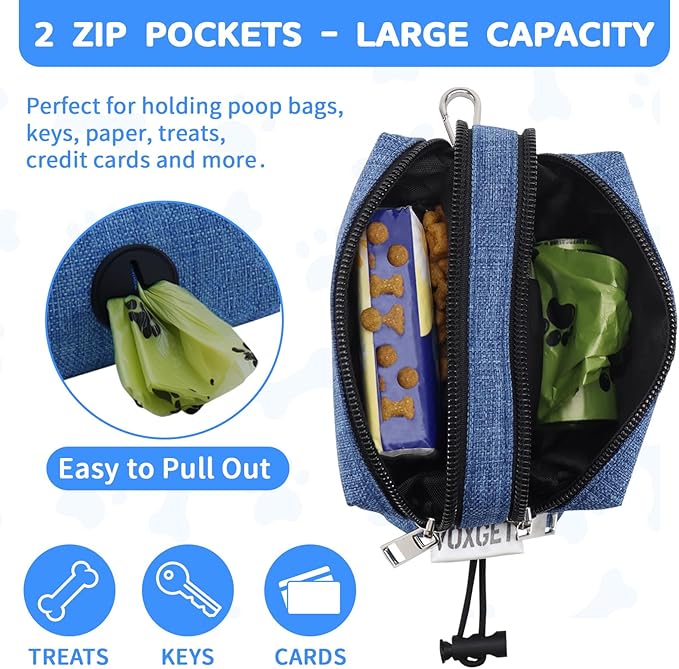 Dog Poop Bag Holder for Leashes, Puppy Treat Pounch Carrier with 2 Zipper Pockets and Clip for Pets Training, Dog Waste Bag Dispenser with 1 Roll Poop Bags for Walking Accessories (Blue)
