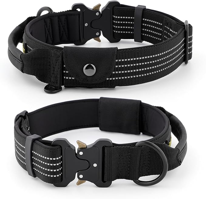 Plutus Pet Tactical Dog Collar with Tracker Pocket for AirTag, Adjustable Reflective Nylon Collar, Metal Buckle, Leather-Wrapped Handle, Soft Padded for Medium Large Dogs (Black, S)