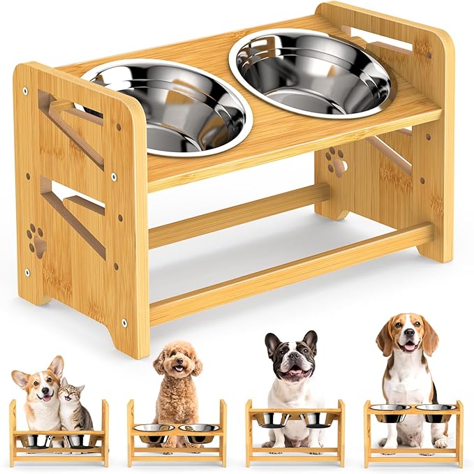 Elevated Dog Bowls, Adjustable Raised Dog Bowl Stand for Medium and Small Pet, 11" High Bamboo Pet Food Feeder with 2 Stainless Steel Dishes（4 Height）