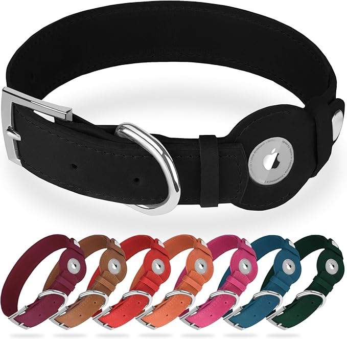 Leather Dog Collar with Airtag Holder - Apple Air Tag Dog Collars - Soft Tracking GPS Pet Collar for Small Medium Large Dogs Breed Puppy (Black, S, 9"-12" Neck Fit)