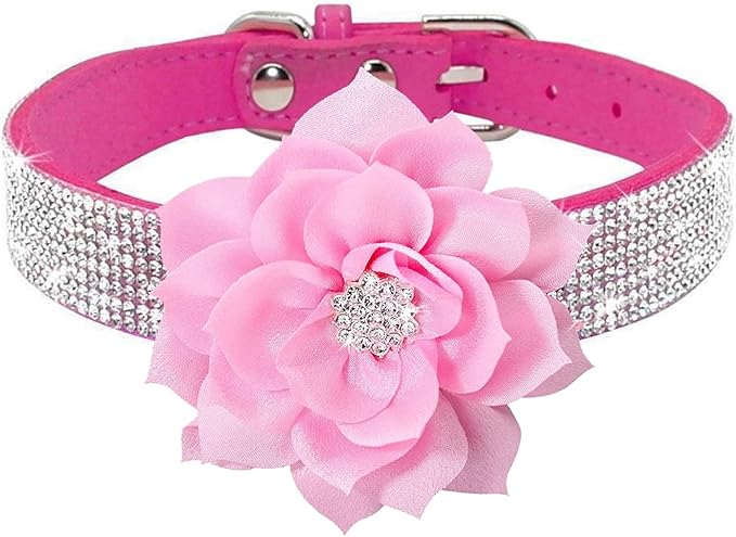 Cute Dazzling Sparkling Elegant Fancy Soft Suede Leather Bling Rhinestone Crystal Jeweled Pet Cat Dog Puppy Collar Dog Leash Combo Set (XXS(Neck 6-8"), Hot Pink-6)