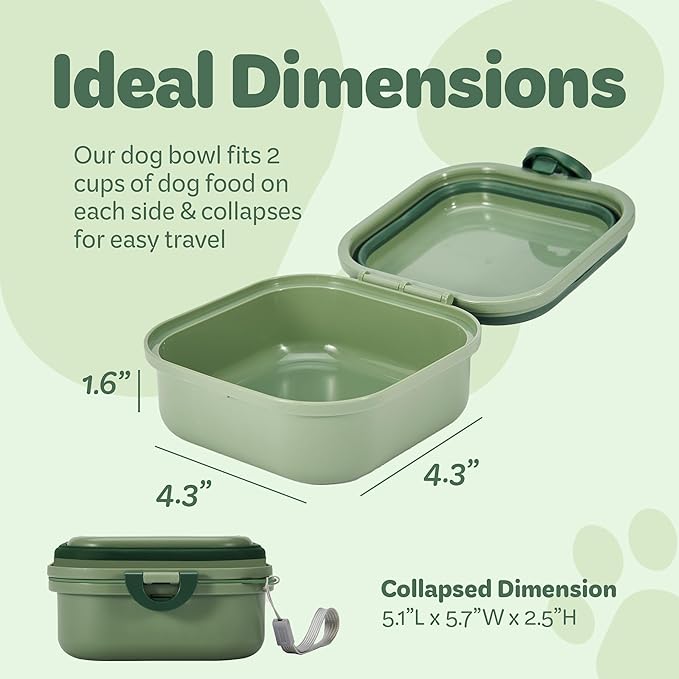 Collapsible Dog Water Bowl 30oz, 2 in 1 Portable Travel Dog Food Bowl with Lid, Easy Carry Loop Handle, Foldable Dog and Cat Food Bowl, Perfect for Traveling, Walking, Hiking (Green)