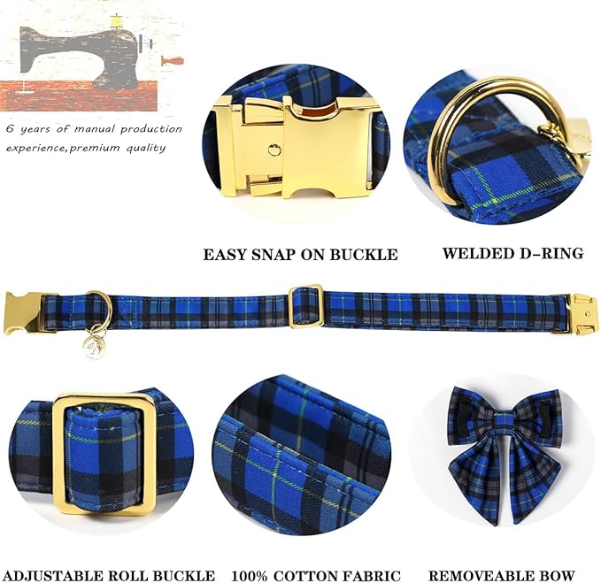 DOGWONG Christmas Dog Collar with Sailor Bow Tie, Blue Plaid Dog Collar Durable Metal Buckle Adjustable Blue Grid Dogs Collars for Small Dogs, XS