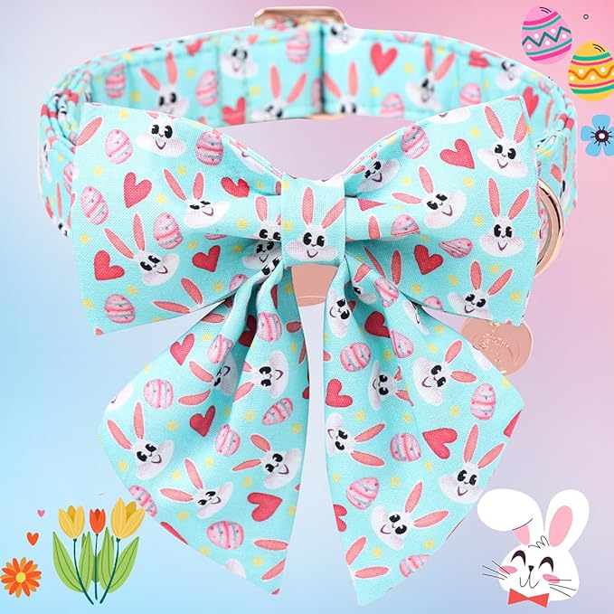 DOGWONG Cotton Easter Dog Collar with Bowtie, Soft Adjustable Blue Bunny Easter Day Dog Collar Cute Colorful Egg Puppy Collar for Small Medium Large Dog
