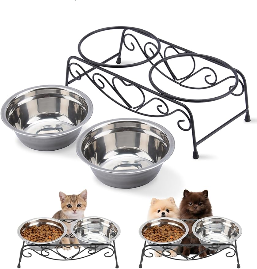Small Dog Bowls with Metal Stand for Small Breeds Cats and Puppies 3.4 Inch Fixed Height Elevated Feeder with 2 Removable Stainless Steel Bowls
