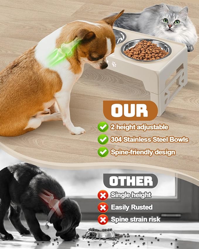 Elevated Dog Bowls, Dog Feeder with 2 Stainless Steel Dishes, 2 Heights Adjustable Raised Stand for Small Dogs, Food Dishes with Non-Slip Feet