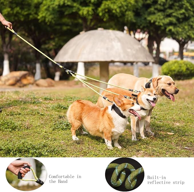 3 Dog Leash - Padded Handle, 360° Swivel Multiple Dog Leash No Tangle, Lead for Medium Large Dogs, Walking & Training Double Dogs (Green Blue)