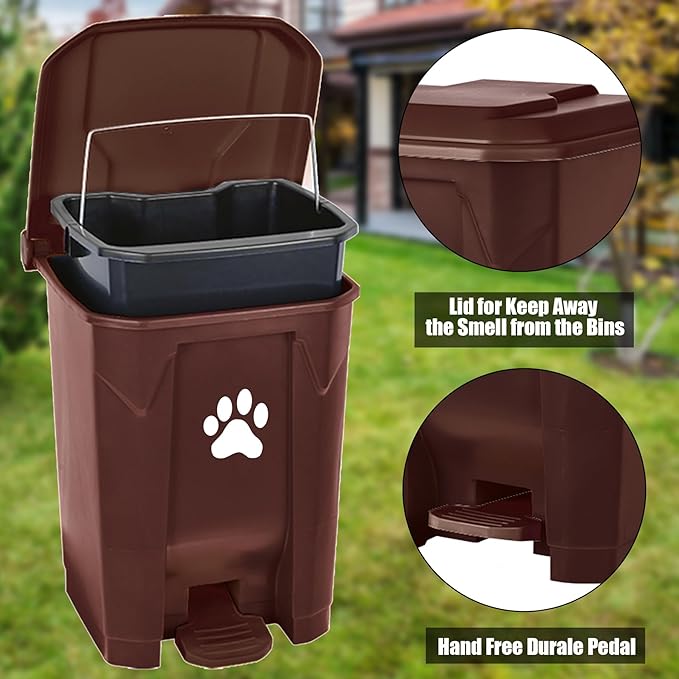 tebiete Dog Poop Trash Can Outdoors Pet Waste Station with Lid Dog Waste Disposal Container with Removable Inner Bin Bucket Hands-Free Pedal Garden Yard Home with Waste Bags, Brown