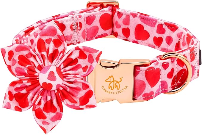Elegant little tail Valentine's Dog Collar - Pink Red Heart Dog Collars Flower Pet Collars with Sturdy Metal Buckle Cute Flower Puppy Adjustable Collar for Medium Dogs