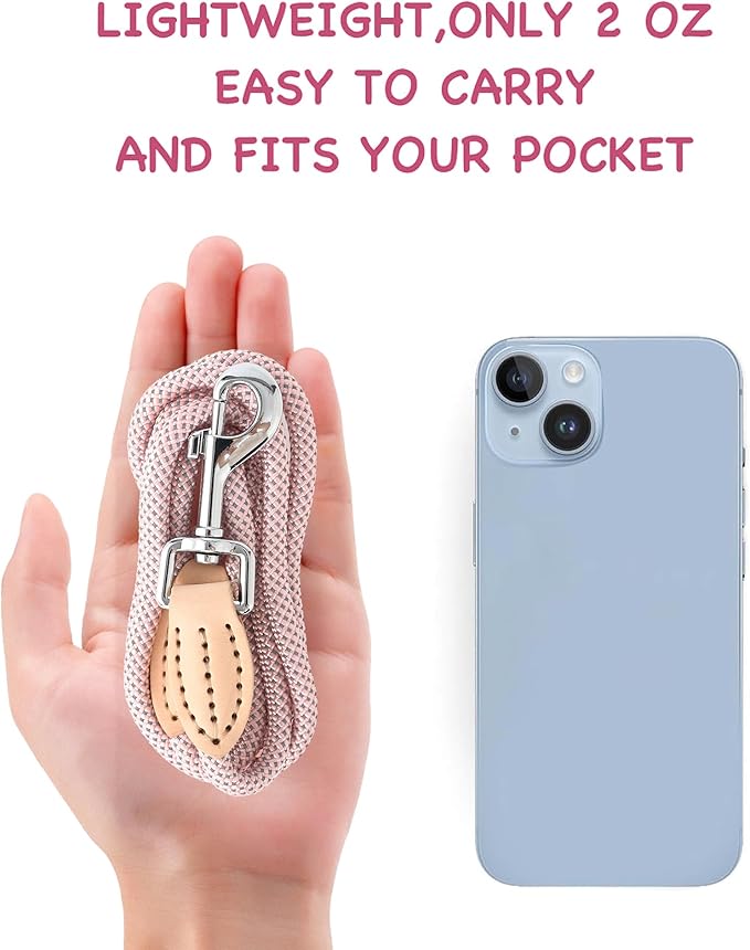 Mile High Life Small Dog Leash, Thin Lightweight Reflective Rope Leash with Genuine Leather Connection, Great for Small Medium Dogs (Pink, 48 Inch-1/3)
