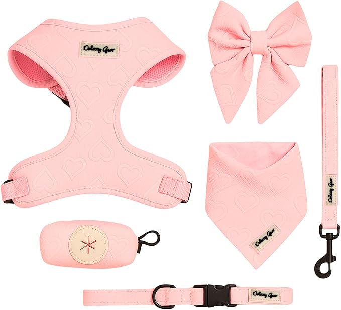 Medium Dog Harness Set – Cute No Pull, All Weather, Breathable Harness and Leash Set with Collar, Bandana, Sailor Bow & Poop Bag Holder – Adjustable, Soft & Stylish – Pink Hearts on Jacquard Fabric