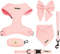 Medium Dog Harness Set – Cute No Pull, All Weather, Breathable Harness and Leash Set with Collar, Bandana, Sailor Bow & Poop Bag Holder – Adjustable, Soft & Stylish – Pink Hearts on Jacquard Fabric