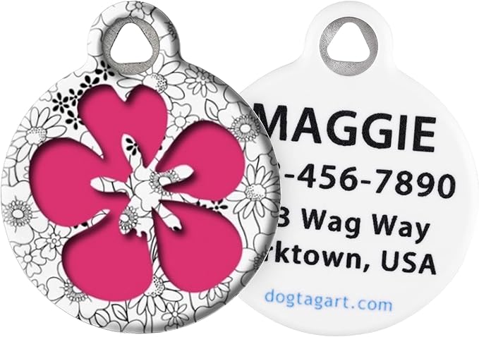 Dog Tag Art Cute Flower Custom Pet ID Tag for Dogs and Cats, Personalized Dog Tag with Customized Identification Information, Flower Power 2, Small (7/8" Diameter)