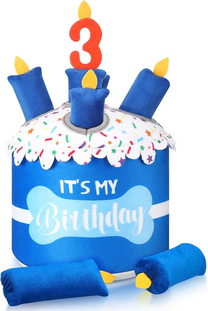 Dog 3rd Birthday Cake Toy Squeaky Interactive Dog Toy Hide and Seek Plush Dogs Puzzle Puppy Toys for Boredom Keep Them Busy for Small Medium Dogs(Blue)
