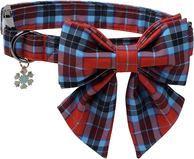 DOGWONG Christmas Dog Collar with Bow Tie, Red Green Plaid Dog Collar Durable Metal Buckle Adjustable Soft & Cute Red Grid Dogs Collars for Small Medium Large Dogs, M