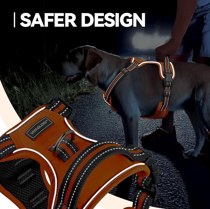 VIVAGLORY Dog Harness Easewalk No Pull Dog Harness with Handle Front Clip & Back Clip for Training Walking Lifting, No Pull Adjustable Easy On Padded Comfortable for Pet, S, Orange - Patterned