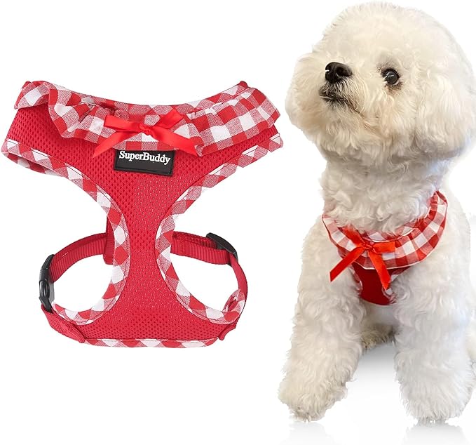SuperBuddy Upgraded Soft Mesh Dog Harness, Super Breathable Lightweight Pet Harnesses for Puppy Dogs Outdoor Walking, Red Dog Harness -XSmall