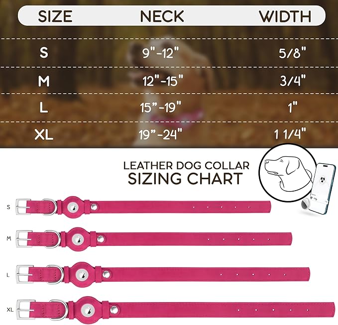 Leather Dog Collar with Airtag Holder - Apple Air Tag Dog Collars - Soft Tracking GPS Pet Collar for Small Medium Large Dogs Breed Puppy (Pink, S, 9"-12" Neck Fit)