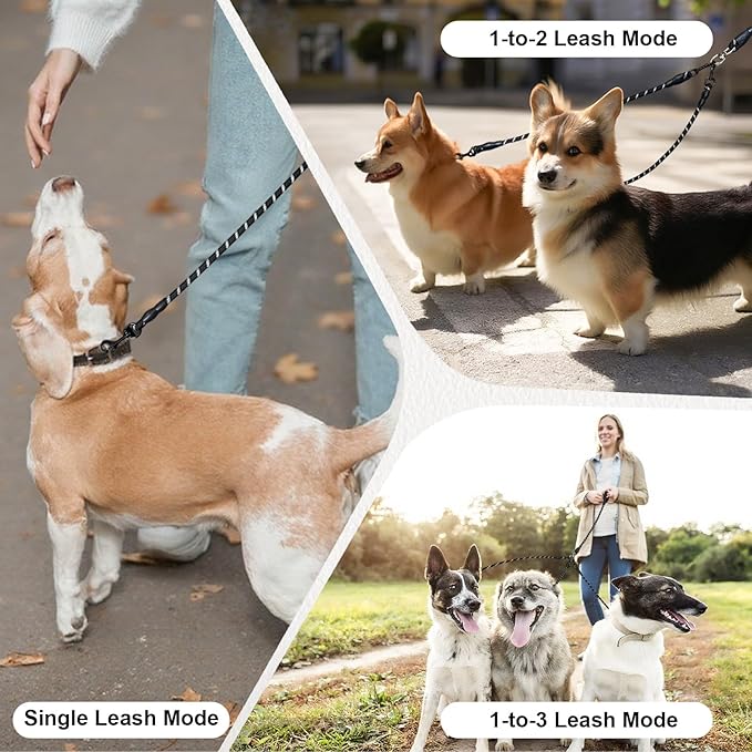 No Tangle 3 Dog Leash -Main Lead Rope with Padded Handle, Three Detachable Leash Splitters, Heavy-Duty Clip, 4.76ft for Walking, Running, Small, Medium, Large Dogs (Green)
