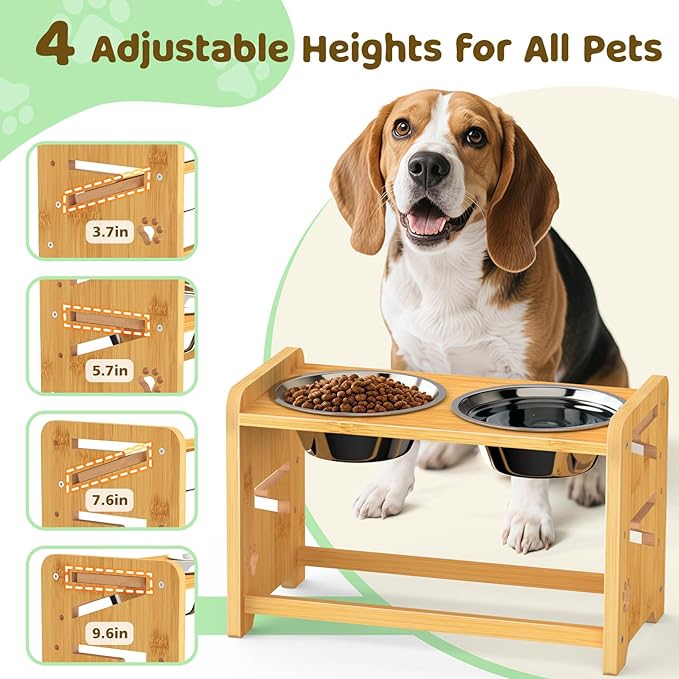 Elevated Dog Bowls, Adjustable Raised Dog Bowl Stand for Medium and Small Pet, 11" High Bamboo Pet Food Feeder with 2 Stainless Steel Dishes（4 Height）