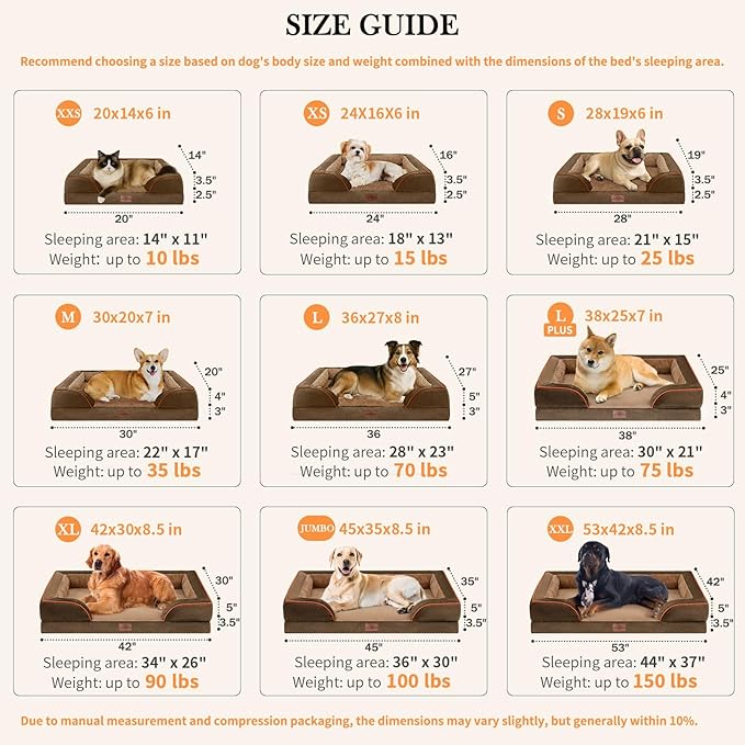 Comfort Expression Orthopedic Dog Bed for Extra Large Dogs 45x35 Inch, Waterproof Supportive Egg Crate Foam XL Pet Bed with Removable Bolsters, Dog Couch with Washable Cover & Non-Slip Bottom, Brown