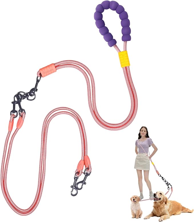 Double Dog Leash No Tangle, Adjustable Split Leads Dual Pet Walking Leash with Comfortable Padded Handle for Two Dogs, Hands - Free Dual Leashes for Small/Medium Pets (Pink, Double Leashes)