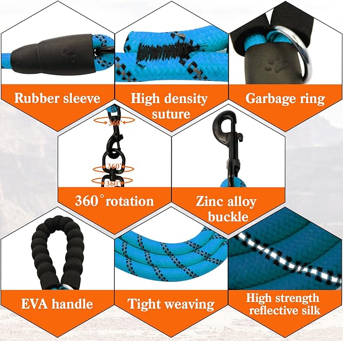 5 Way Dog Leash with 360 Swivel, Comfortable for Walking & Training