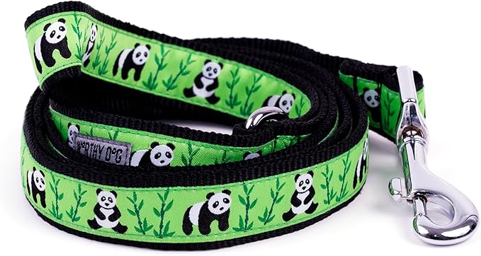 THE WORTHY DOG Pandas Patterned Nylon Leash for Dogs, Stylish, Durable, Woven Ribbon - Green/Black, Small