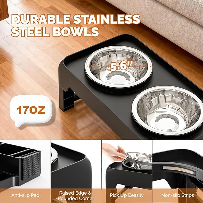 Elevated Dog Bowls for Small Medium Dogs - Adjustable Mess Proof Raised Dog Bowl Stand with 2 Premium 17oz Stainless Steel Food Bowl Dish Feeder Adjusts to 2.6’’- 5.3’’ Non-Slip Black