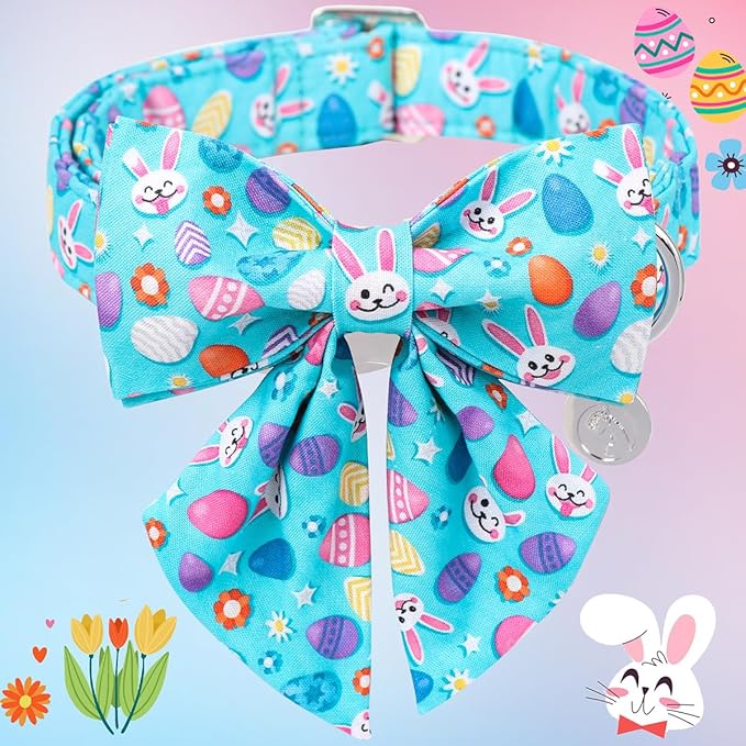 DOGWONG Cotton Easter Dog Collar with Bowtie, Soft Adjustable Blue Rabbit Easter Day Dog Collar Cute Egg Puppy Collar for Small Medium Large Dog