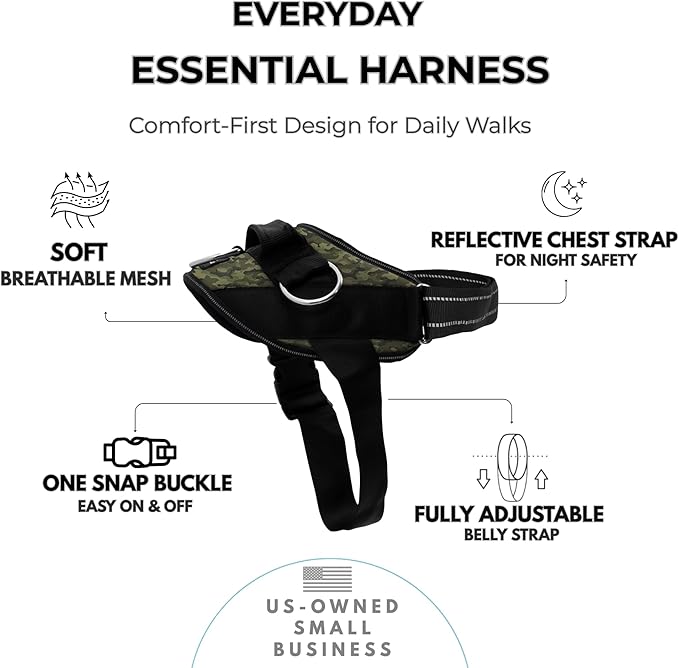 ShawnCo Essential Dog Harness, No-Pull Pet Vest with 3 Leash Clips, No Choke, Reflective, Adjustable and Padded, for Easy Walking and Training for Small, Medium and Large Dogs (Military Camo, S)