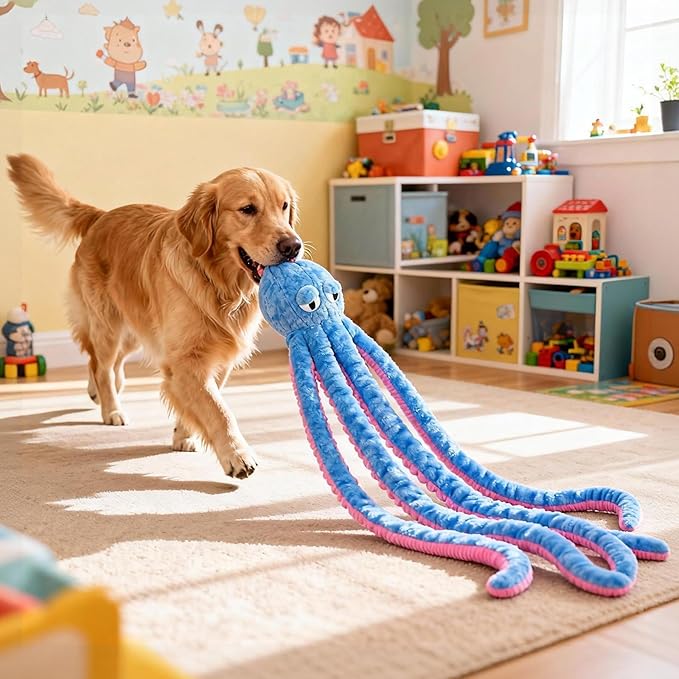 40 Inches Octopus Interactive Squeaky Dog Chew Toys, Dog Toys for Aggressive Chewers, Dog Supplies Birthday Gifts for Large Dogs(Blue), Large