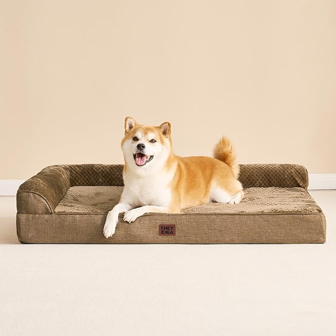 EHEYCIGA Memory Foam Dog Bed Large Size Dogs, Orthopedic Dog Bed Large with Washable Removable Cover, Waterproof Pet Sofa Couch with Nonskid Bottom, 36x27x6, Camel