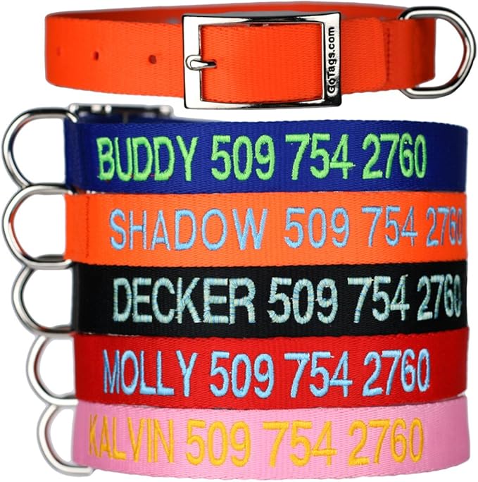 GoTags Custom Embroidered Dog Collar with Metal Buckle, Personalized Dog Collar with Pet Name and Phone Number, 10 Collar Sizes for Puppy and Dogs Extra Small, Small, Medium or Large