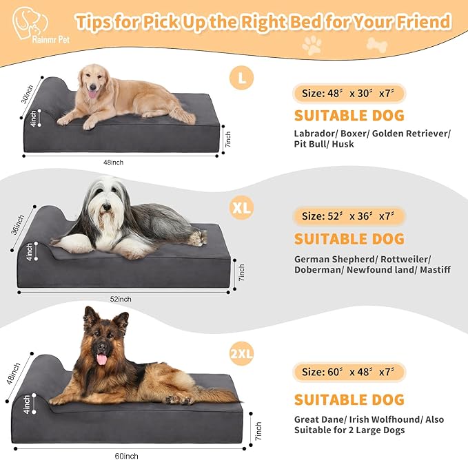 Orthopedic Dog Beds for Large Dogs, 7" Memory Foam Dog Beds with Waterproof Liner, Durable Microsuede Cover, Removable and Washable, Nonskid Bottom, 48"x30"x7" L Grey