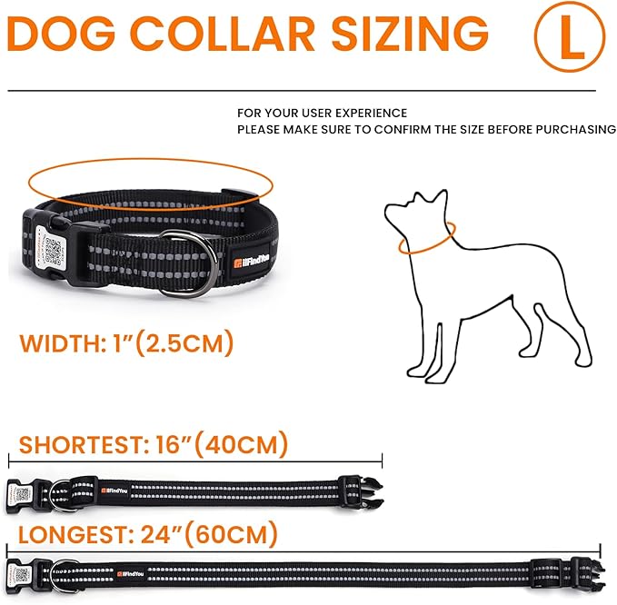 Reflective Dog Collar with QR Code Tag, Personalized Dog Collar, Safety Night Visibility, Anti-Loss Function (Black, Large)