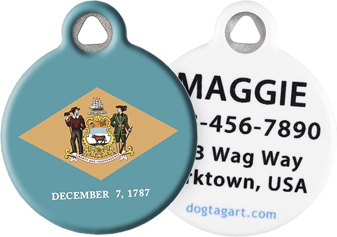 Dog Tag Art Delaware Flag Personalized Pet ID Tag for Dogs and Cats, Silent Polymer Coated Stainless Steel Delawarean Flag Nametag with Customized Identification Information - Small .875" Diameter