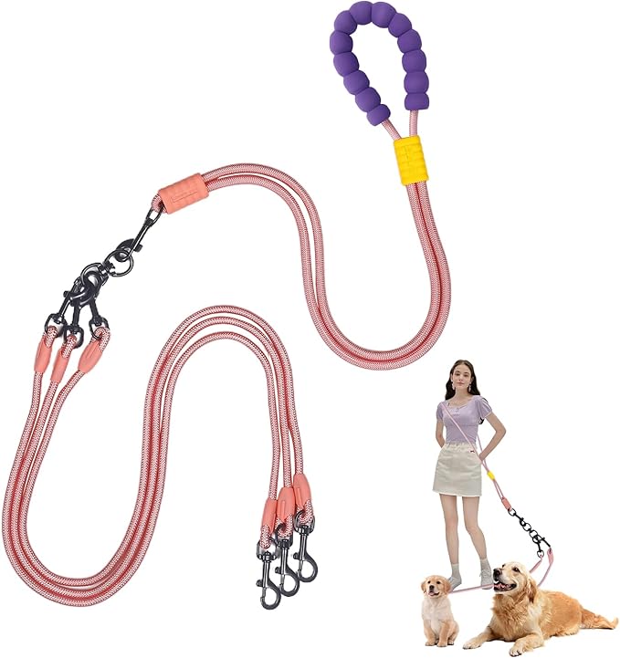 Double Dog Leash No Tangle, Adjustable Split Leads Three Pet Walking Leash with Comfortable Padded Handle for Three Dogs, Hands - Free Three Leashes for Small/Medium Pets (Pink, Three Leashes)