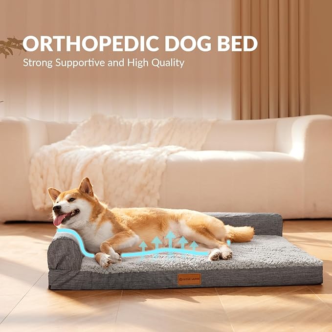 Patas Lague Orthopedic Dog Bed Large Sized Dog 36''X24'', Waterproof L Bolster Medium Pet Sofa Beds with Removable Washable Cover, Soft Comfortable Pet Couch Crate Mat with Nonskid Bottom, Grey
