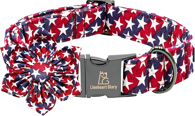 Lionheart glory American Flag Dog Collar 4 of July Dog Collars with Flower Independence Patriotic Dog Flower Collars Heavy Duty Adjustable Collar Flower for Large Dogs Pet Gift