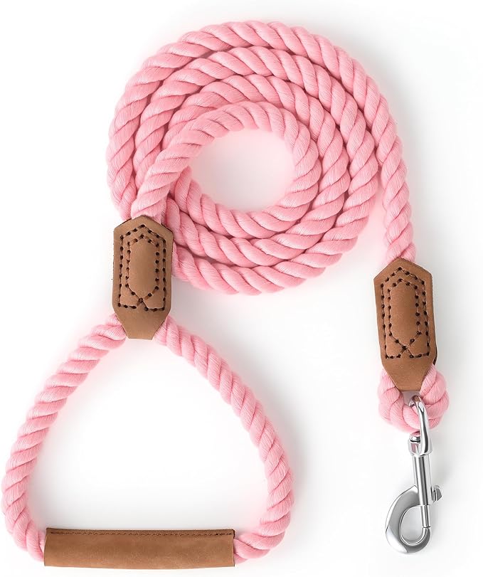Mile High Life Dog Leash, Braided Cotton Rope Leashes with Leather Handle - Heavy Duty Metal Clasp, 6FT, 1/2" Thick - Wedding, Walking & Training Leash for Small Medium Large Dogs (Pink)