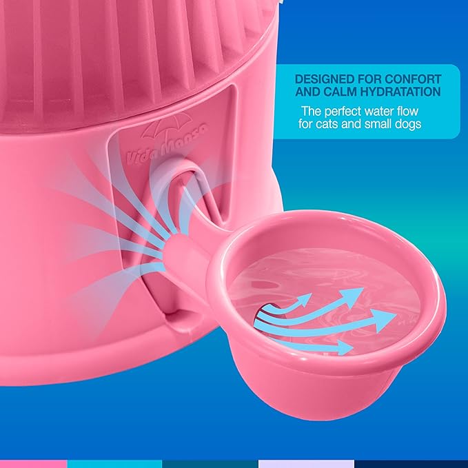 No Spill Pet Water Dispenser for Dogs and Cats, 67.6oz Gravity-Fed Water Bowl with Slow Drinking Design to Prevent Wet Fur, BPA-Free Polypropylene, Vida Mansa (Clear Pink)
