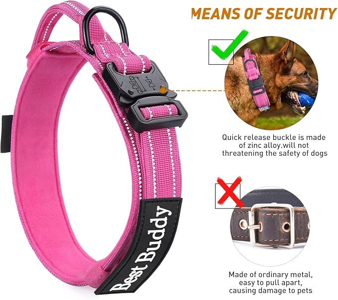AUBELL Reflective Tactical Dog Collar,Adjustable Military Heavy Duty K9 Collars with Handle and Quick Release Metal Buckle Great for Medium Dogs, with Airtag Case and 2 Patches (Pink,M)
