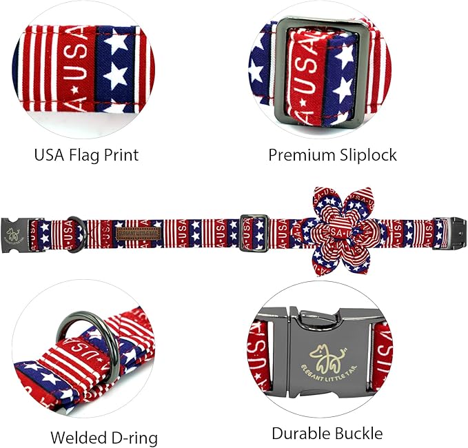 Elegant little tail Independence Dog Collar, Patriotic Pet Collar with Flower American 4th of July Pet Gift Cotton Soft Boy Girl Adjustable Collars for X-Large Dogs